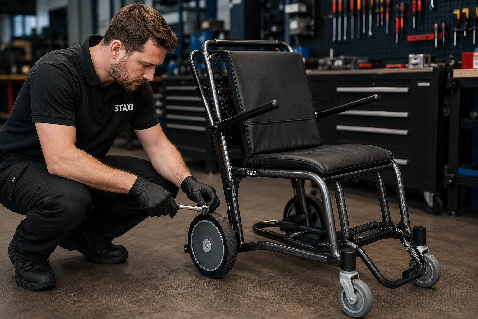Engineer repairing a STAXI transport chair